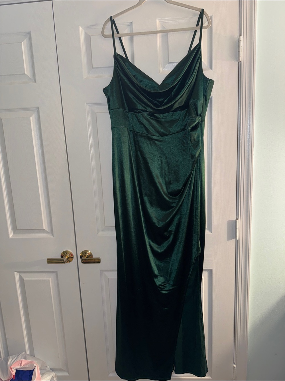 Emerald Sundae Dark Green Satin Cowl Neck Evening Gown